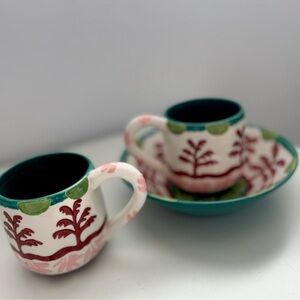 Anthropologie Agata 2 Mugs & Bowl In Green New Colorful Ceramic Set